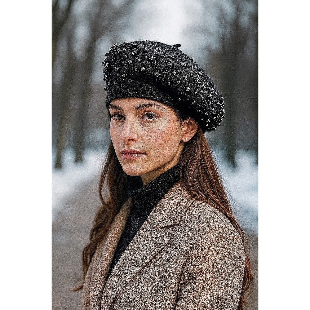 Epoch Hats Women's Black Wool Beret Embellished Pearls Beads Old‎ Money